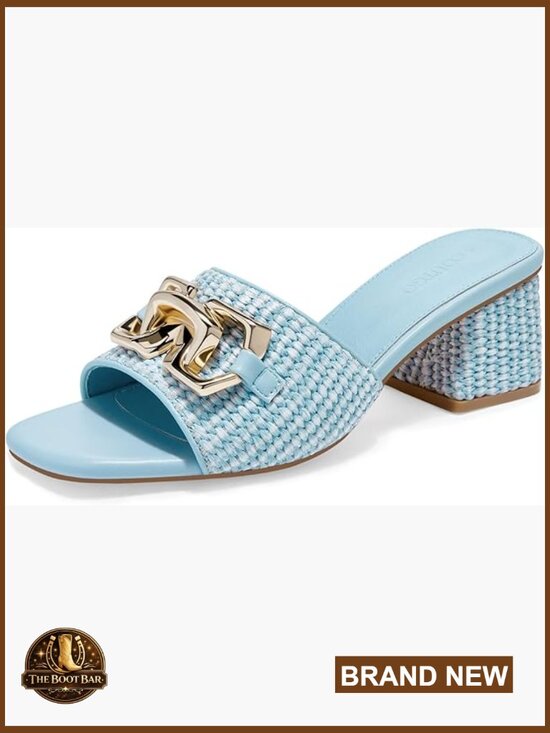 Raffia Slide Sandals Chunky Heel Square Open Toe Metal Chain Mules Dressy